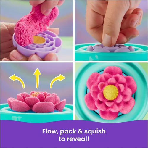 Miniatura 4 de Kinetic Sand, SquishBlossom Flor floreciente con arena de juego amarillo neón y rosa de 8 onzas, maceta y moldes, juguetes sensoriales para artes