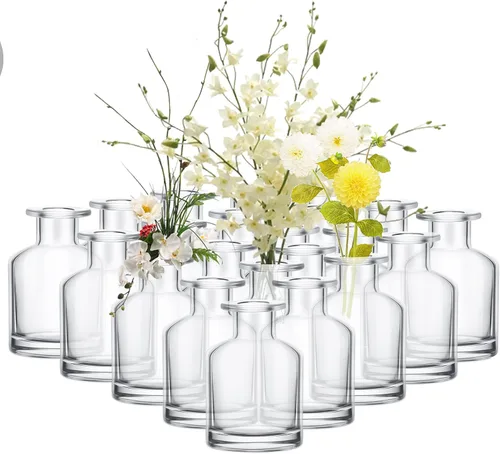 Mimorou Paquete de 24 jarrones de vidrio transparente a granel, botellas de vidrio vintage pequeñas para centros de mesa de boda rústica, decoración