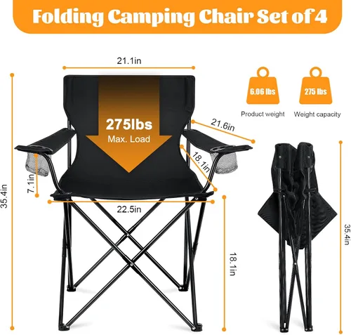 Miniatura 2 de HaSteeL Paquete de 4 sillas de campamento, sillas plegables de gran tamaño con portavasos para adultos, silla portátil y bolsa de transporte