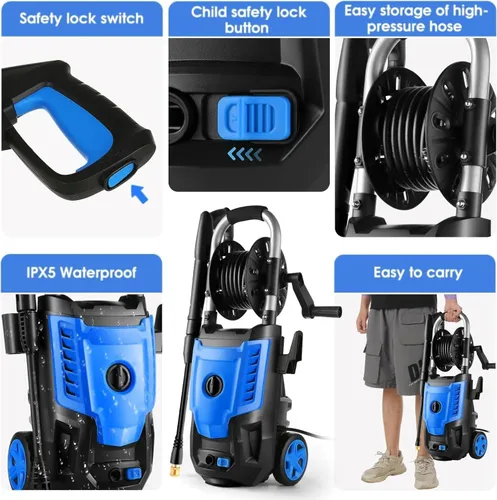 Miniatura 4 de Lavadora a presión eléctrica de 4800 PSI: lavadora de alta potencia de 3.8 GPM con carrete de manguera de 33 pies, 4 puntas de pulverización
