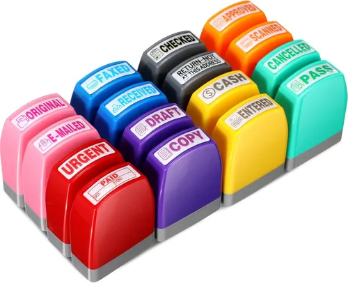 Yeaqee Juego de 16 sellos de goma autoentintados para oficina, aprobado, copia, fax, mensaje escaneado, cuenta, negocios, sellos de papel, trabajo,