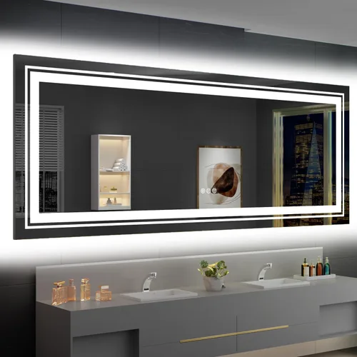 Miniatura 43 de Snowdool Espejo LED de baño, 32 x 32 pulgadas con luz frontal y retroiluminada, antivaho, espejo de tocador de baño para pared, función de memoria