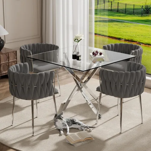 Miniatura 21 de RGZ Juego de mesa de cocina cuadrada minimalista moderna de 3 piezas, mesa de comedor de vidrio transparente con sillas tejidas negras, juego de 2