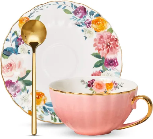 Miniatura 12 de ONEUSTAR Juego de taza de té y platillo para 1 taza de té floral de porcelana de hueso con cuchara, taza de café de 8 onzas, taza de capuchino latte