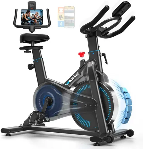Exercise Bike, Wenoker Magnetic Stationary Bike for Home App Sync Indoor Bike with Adjustable Seat and Handlebar, Transport Wheels and Fitness