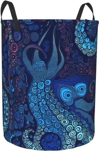 Miniatura 2 de Cesta circular con estampado de pulpo azul, impermeable, cesta organizadora de lavandería, con asas, para ropa, juguetes, pequeña