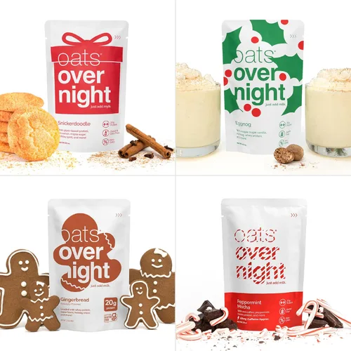 Miniatura 6 de Oats Overnight - Paquete de variedad festiva de 20g de proteína, 5g de fibra para batido de desayuno - Sin gluten, sin OGM, avena Snickerdoodle