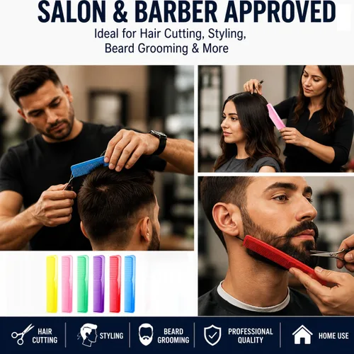 Miniatura 5 de Juego de 6 peines profesionales de 9 pulgadas con dientes finos y anchos, peine de peluquería duradero para hombres y mujeres, desenredante, corte