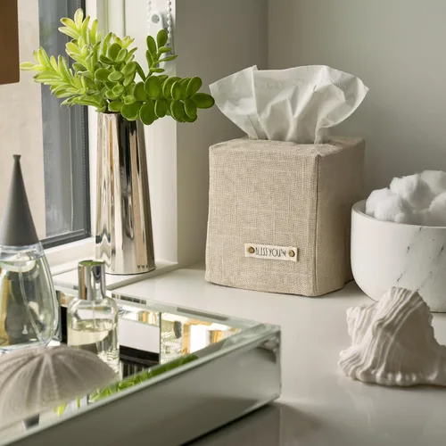 Miniatura 2 de Elegante funda para caja de pañuelos: este soporte de lino beige cubre instantáneamente tus cajas de pañuelos cuadradas, la cubierta de cubo