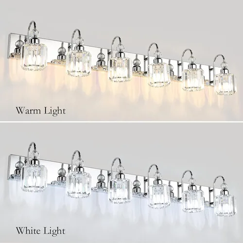 Miniatura 3 de Ralbay 6 luces de cristal de acero inoxidable para tocador de baño, espejo largo, accesorios de iluminación modernos de cristal para baño Cromo