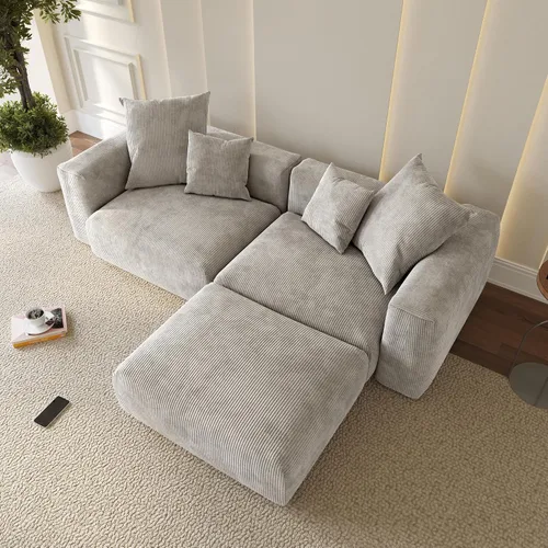 Miniatura 30 de WJShome Cloud Couch Sofá Seccional Modular, Sofá en Forma de L de 102 pulgadas con Otomana, Sofá de Pana Beige de 3 Asientos, Sofá Seccional