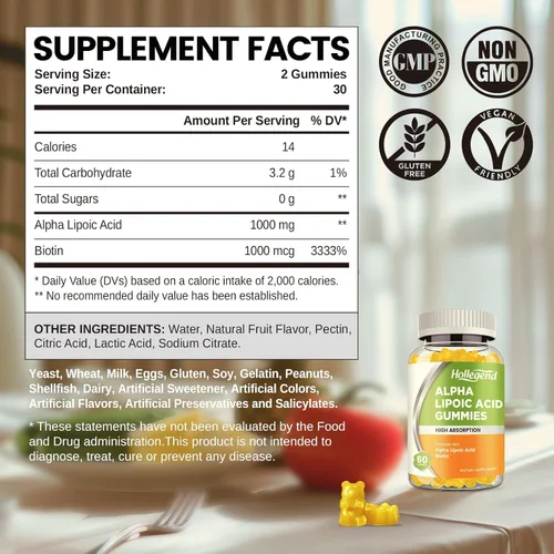Miniatura 2 de Gomitas de ácido alfa lipoico de 1000 mg con biotina, suplemento de ALA masticable de alta absorción para antioxidantes, salud cerebral y apoyo