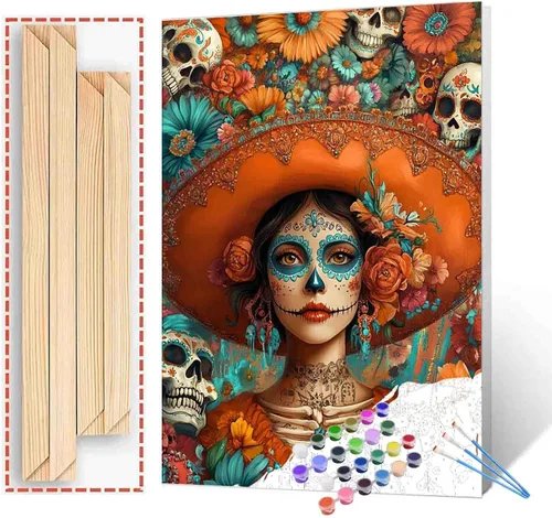 Miniatura 27 de Pintura por números para parejas tomadas de la mano, para adultos, principiantes, Día de los Muertos, Esqueleto, Pintura por números sobre lienzo