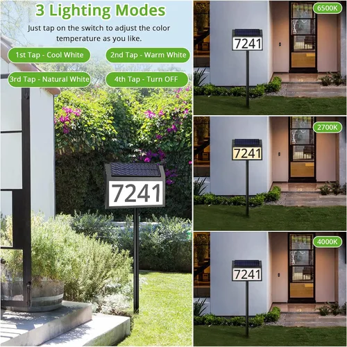 Miniatura 2 de MAXvolador Letrero de dirección solar iluminado, números de casa impermeables, placas de dirección iluminadas con luces LED solares con estacas, 3