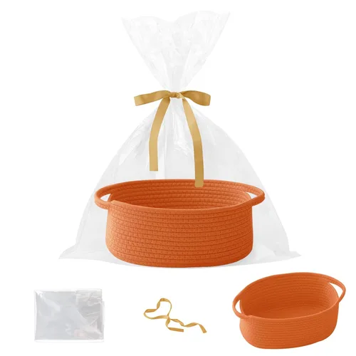 Miniatura 12 de Paquete de 2 canastas pequeñas de cuerda tejida, cesta de regalo vacía con bolsa y cintas, bonita caja organizadora con asa para cumpleaños/baby