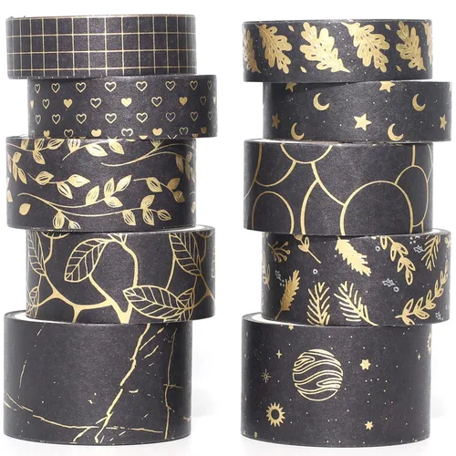 Creative Washi - Juego de 10 rollos de cinta adhesiva decorativa con impresión de lámina dorada para artes, manualidades, diarios, planificadores,