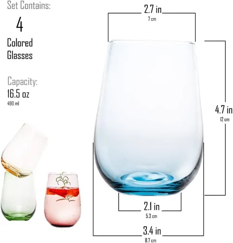 Miniatura 2 de Juego de 4 copas de vino de colores sin tallo, de 16.74 onzas, cristalería de gran tamaño para vino tinto y blanco, cóctel, jugo, agua, té helado