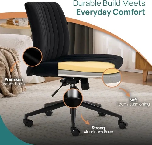 Miniatura 7 de NYPOT Silla de escritorio sin brazos con ruedas para sentarse cruzado - Silla sin brazos amplia para piernas cruzadas - Taburete de tocador Negro