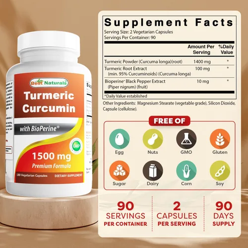 Miniatura 2 de Best Naturals Curcumina de cúrcuma 1500 mg/porción con bioperina - 180 cápsulas vegetales