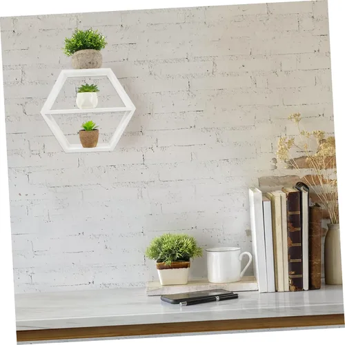 Miniatura 4 de IMIKEYA Estante de madera montado en la pared pequeño organizador de mesita de noche almacenamiento maceta soporte diseño hexagonal 1pc