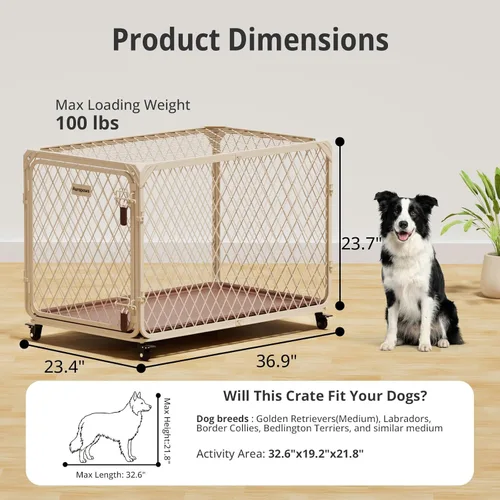 Miniatura 5 de Jaula para perros, perrera mejorada de malla de diamante de 36 pulgadas con 4 ruedas con bloqueo, bandeja a prueba de fugas, jaula de metal