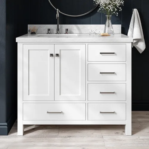ARIEL Cambridge - Mueble de baño con lavabo de 42 pulgadas, madera maciza, encimera de mármol italiano de Carrara de 1.5 pulgadas, fregadero Blanco