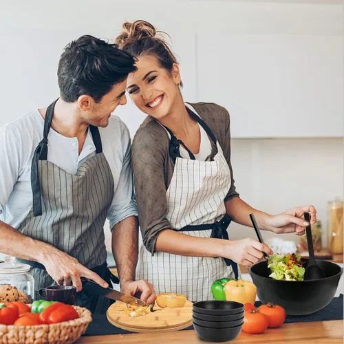 Miniatura 7 de ShineMe Ensaladeras, ensaladera grande con tapa y servidores, juego de ensaladas de bambú con 4 cuencos pequeños para servir, cuenco de cocina Negro