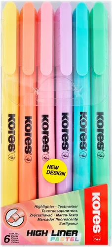 Kores - High Liner: rotuladores en colores pastel finos, punta cincel y tinta a base de agua, material escolar y de oficina, juego de 6 colores