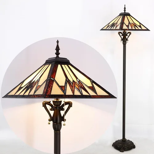 Miniatura 2 de Lámpara de pie Tiffany de AVIVADIRECT en estilo Misión de vidrio manchado color crema y ámbar, luz de lectura de pie, 16X16X64 pulgadas