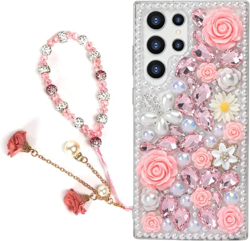 Miniatura 22 de para iPhone 14 Pro - Funda con Purpurina y Diamantes de Imitación, de Lujo, con Cristales Brillantes, Flores de Rosa, Perlas Florales, Pulseras