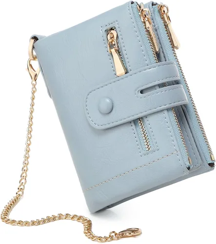 Miniatura 6 de AOXONEL Billeteras pequeñas de cuero plegable Rfid para mujer, billetera de viaje tamaño mediano con cadena de muñeca extraíble, ranuras