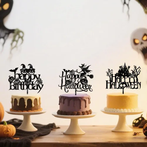 Miniatura 6 de 6 adornos acrílicos para tartas de Halloween, decoración de pastel de cumpleaños de Halloween, espeluznante con murciélago, calabaza, fantasma