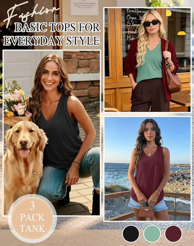 Miniatura 4 de KKJ Paquete de 3 camisetas sin mangas para mujer 2026 primavera verano vacaciones trajes cuello en V suelta sin mangas blusa casual camisas ropa