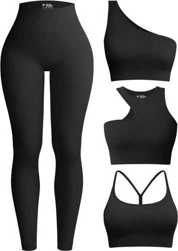 OQQ Conjunto de entrenamiento de 4 piezas para mujer, leggings de cintura alta acanalados para yoga con camiseta corta de 3 piezas con brasier
