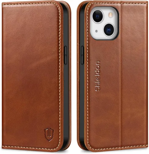 Miniatura 10 de SHIELDON Funda tipo cartera para iPhone 13 de 6.1 pulgadas, estuche tipo folio de piel auténtica con función atril y bloqueo RFID, ranuras para Rojo
