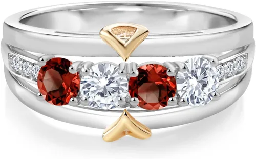 Miniatura 2 de Gem Stone King Anillo de plata 925 y oro amarillo de 10 quilates con 4 piedras cultivadas en laboratorio, moissanita granate casi incoloro (GH)