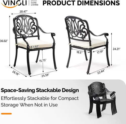 Miniatura 3 de VINGLI Juego de 2 sillas de patio apilables de aluminio fundido para exteriores con acabado negro vintage y patrón floral, sillones de metal