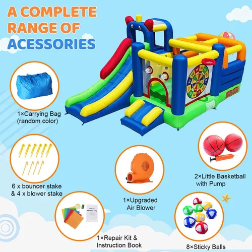 Miniatura 7 de Casa de rebote inflable HuaKastro - Área de juego inflable con obstáculo de barra transversal en gran área de rebote, 1x tobogán alto y 1x pequeño