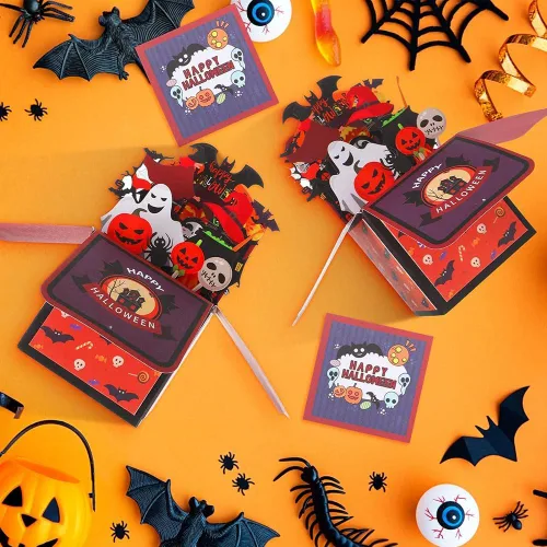 Miniatura 7 de Tarjeta de caja desplegable de Halloween, 3D de casa encantada, fantasma, calabaza, tarjetas para fiesta de Halloween con sobres, etiqueta de notas