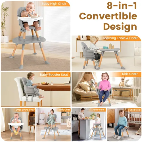 Miniatura 2 de Ezebaby Silla Alta para Bebé, Silla Alta Convertible 8 en 1 a Asiento Elevador/Silla para Niño/Juego de Silla y Mesa, Silla Alta de Madera con Gris