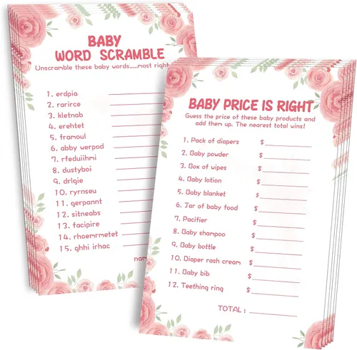 OLOUTAB Juegos de Baby Shower para Niña - 2 Juegos (50 de Cada), Juego de Baby Shower Word Scramble y Price is Right, Doble Cara, Cartón Grueso,
