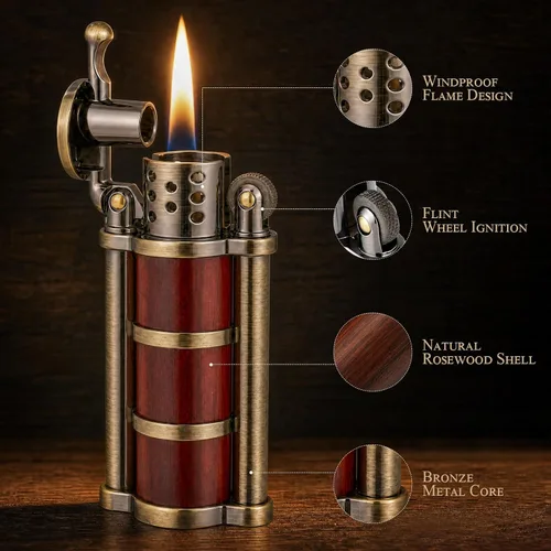 Miniatura 3 de Encendedor de queroseno vintage con rueda de pedernal con funda de palisandro, latón antiguo a prueba de viento, encendedor de gasolina fresca bronce