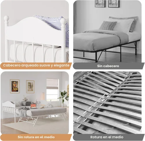 Miniatura 4 de Sofá cama con nido, cama de metal tamaño individual con cabecera elegante, marco de sofá cama con cama nido desplegable emergente, plataforma