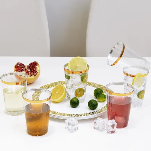 Miniatura 8 de JOLLY CHEF Paquete de 100 vasos de plástico dorados de 12 onzas, elegantes vasos desechables con borde dorado, perfectos para el día de Acción