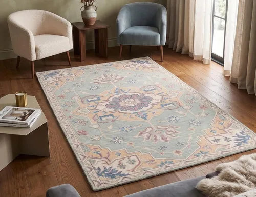 Caro - Alfombra de lana tradicional oriental de primera calidad, diseño de inspiración vintage con detalles multicolor para sala de estar,