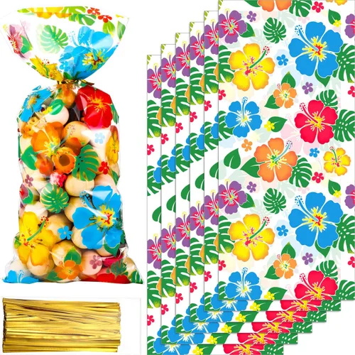 100 bolsas hawaianas de celofán Luau tropical, Aloha Hibiscus, bolsas de golosinas, suministros para fiestas Tiki, decoraciones Luau con 100 lazos