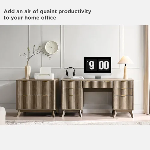 Miniatura 7 de T4TREAM Fluted Executive Desk with Drawers, 60" Modern Home Office Computer Desk with Charging Station, File Cabinet, Keyboard Tray and Storage