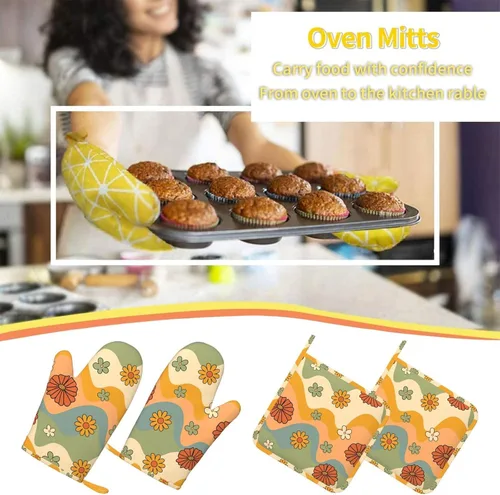 Miniatura 7 de Juego de 4 manoplas de horno y agarraderas de silicona resistentes al calor de los años 70, guantes antideslizantes para cocina, decoración