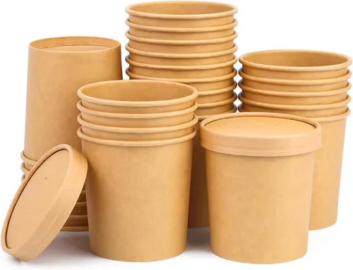 Miniatura 15 de Paquete de 25 recipientes de sopa de 8 onzas con tapas, taza de sopa de papel desechable, recipientes de papel para alimentos con tapas, recipiente
