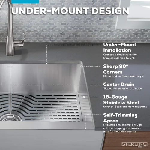Miniatura 9 de Sterling K-20243-PC-NA Ludington - Fregadero de cocina de 34 pulgadas con montaje inferior con accesorios, lavabo frontal de delantal, acero